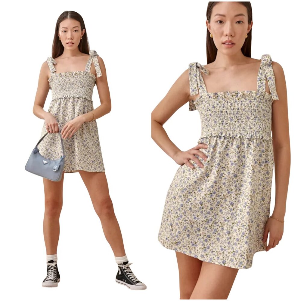 Reformation Floral Smocked Mini Dress in Cream and Lavender